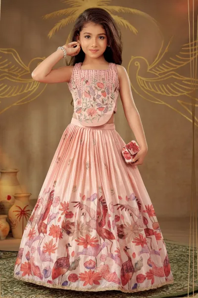 Light Peach Multicolor Embroidery work with Digital Print Lehenga Choli